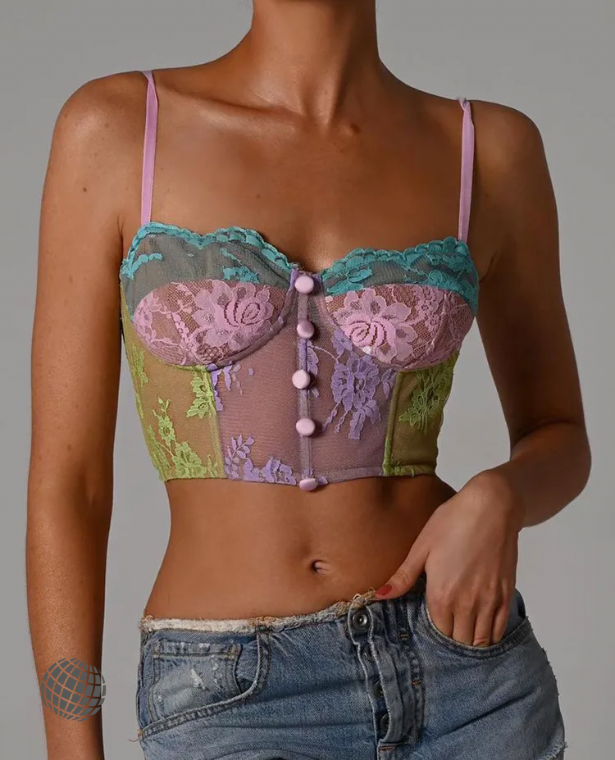 Patchwork Lace Busiter Vest  Women’s Summer Chic Top Underwired Padded Crop Tops Vacation Outfits Clothing See Through Camis Top Holiday Getaway Petite Size Wear for trending Woman in Rainbow Multicolor