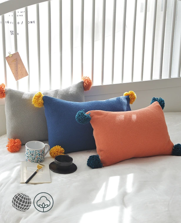Throw Pillow   Solid Color Car Back Seat Rectangle Sofa Bed Fluffy Ball Cushion Cute Danish ins style couchback waist pillows Cushions in trending Blue Gray grey Orange