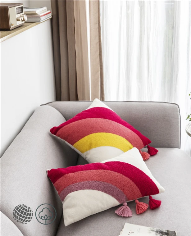 Embroidery Rainbow Pillow Cover   Nordic Multicolor red cotton Cute Tassels Cushion Covers Stylish Kids Room Trending Home Decoration Pillows