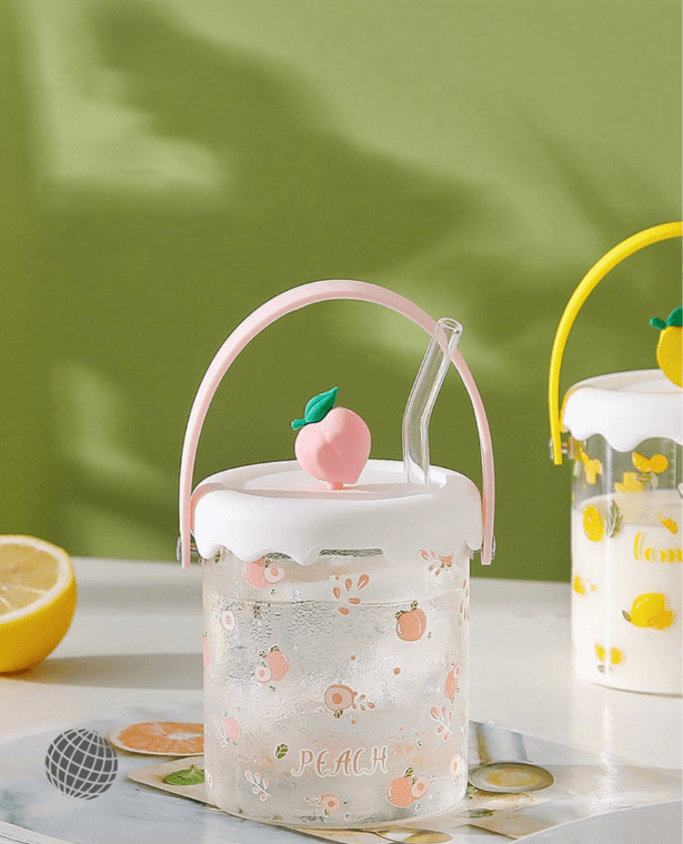 Scale Glass Water Mug   Kawaii Girl Household Breakfast Milk Coffee Cup Cute Fruit Print Silicone Cups Lid Straw Mugs High Capacity Glassware Drinkware in trending Avocado Lemon Peach Strawberry