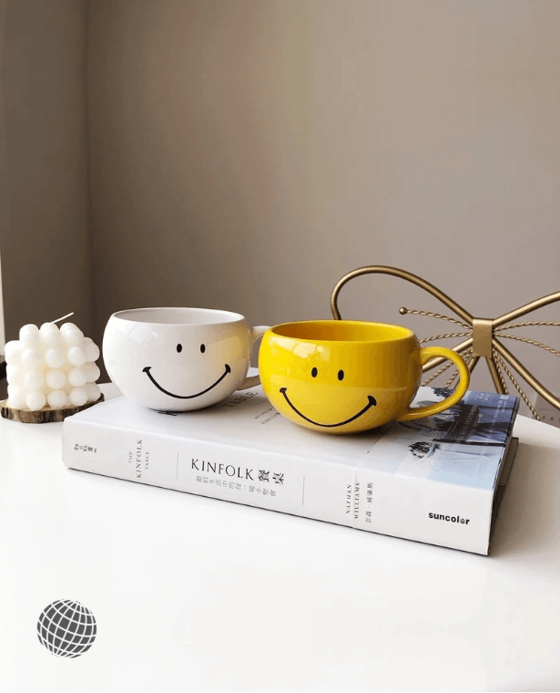 Ceramic Breakfast Mug  Cute Smile Face Coffee Creative Smiley Milk Cup with Handle Home Porcelain Personalized Paired Mugs Couple Gift Servare Bowls Cups in trending Yellow Happy Smile print White Be a Star Smile Lettering