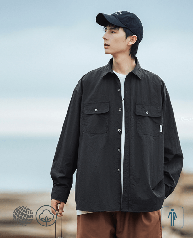 American Worker Shirt   Genderful Mens Spring Summer Men's Women’s Unisex Anywear Retro Long Sleeve Couple Fashion Old Casual Versatile Turn-down collar Check Pockets Shirts Coat for Man Woman in trending Black