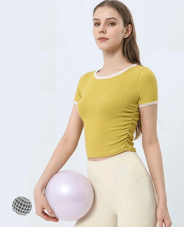 MiteigiYūki Sports Top  Women’s Crewneck Activewear T-Shirt Slim Color Contrast Shirt Breathable Fitness Short Sleeve Gym Sport Crop Top Soft Elastic T-Shirts Plus Size Tops for Woman in trending Dark lemon yellow