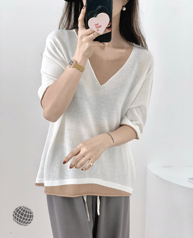 Double-hem Thin-knit Top  Women’s Good Quality Summer Half Sleeve V-Neck Sweater Contrast Color Loose Knitting Casual Tee Shirt Double hem Tops Sweaters for Woman in trending White