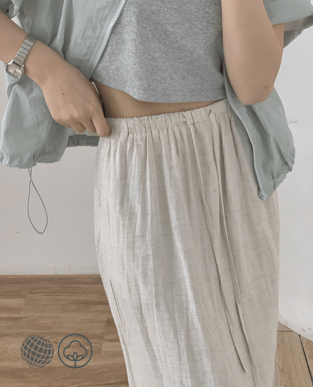 Cotton-Linen Midi Skirt  Women’s Summer Female Solid Drawstring Basic Straight Drawcord Skirts with Pockets for Woman in trending Beige
