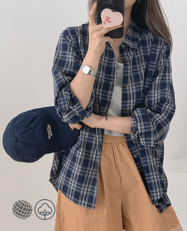 Cotton Plaid Oversized Shirt  Women’s Long Sleeve Thin 100% Linen Blouse Spring Summer Female Loose Comfortable Casual Basic Tops Checkered Shirts for Woman in trending Navy Blue