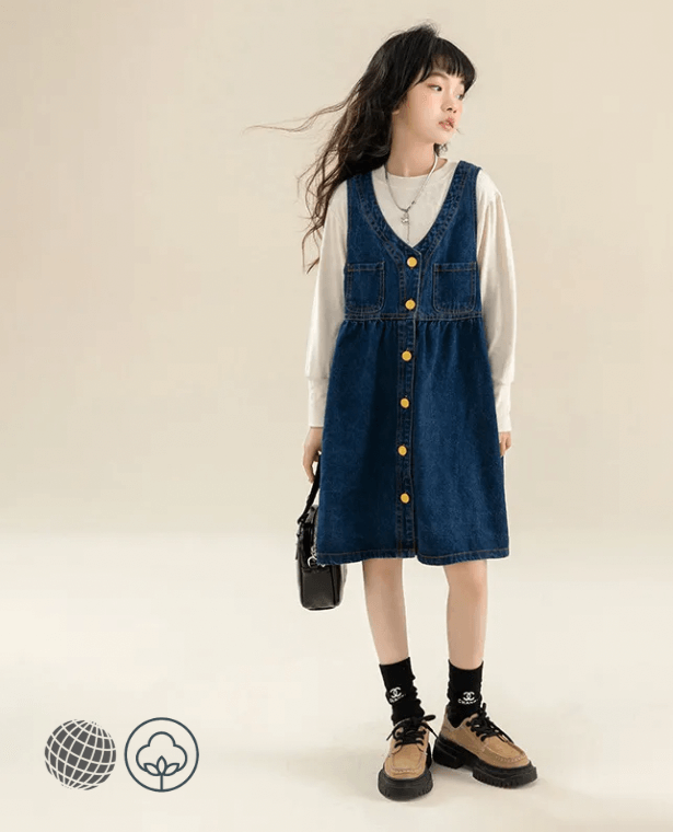 Denim T-Shirt Dress  Girls Outfits Set Spring Long Sleeve Two Pieces Teen Children Clothing 10 12 13 Years trending Casual Kids Tees Child’s Tops and Teens Dresses in Blue