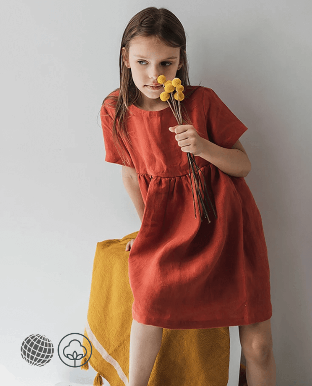 Kids Mori Dress  Girls Summer Children's Clothing Literary Cotton And Linen Short-Sleeve Boatneck round neck trending Princess Dresses in Red