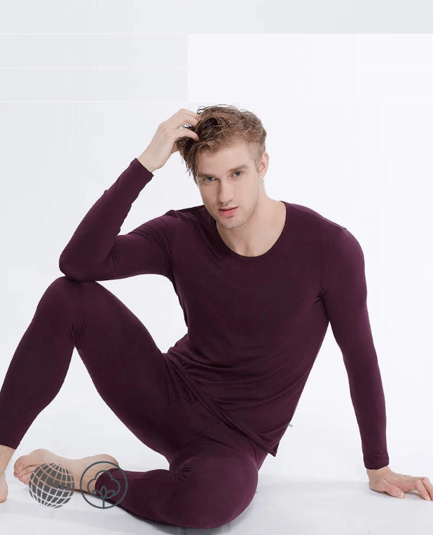 Cotton Loungewear PJ Set  Men’s Lycra Fabric Winter PJs Sleepwear Pajamas Clothes Mens Underwear Pants Suit Men Warm Thermal Long Johns Pajama Sleep Wear for trending Man in Jujube Wine Red