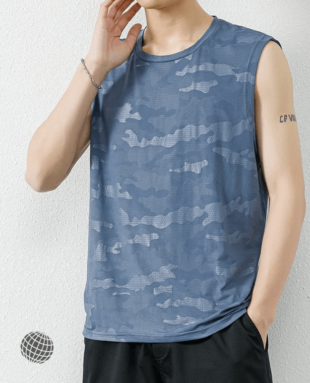 MiteigiYūki Ice Silk Tank Top   Men’s Summer Round O-neck crewneck Sleeveless Gym Fitness Sports Tshirt Top Undershirt Boys Camouflage Hollow Out Mesh T-shirts Sportswear Tees Plus size 4xl 5xl Holiday vacation getaway Tops for trending Man in blue