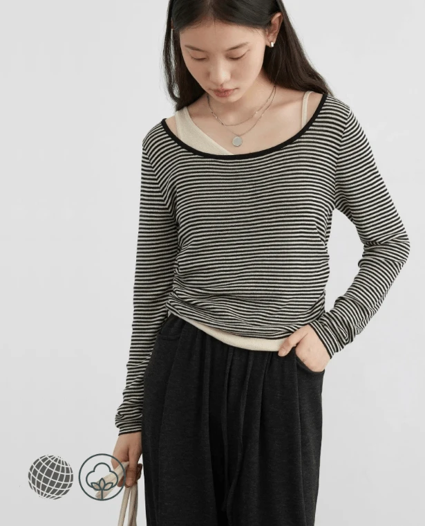 Off Shoulder Scoopneck Sweater   Women’s Irregular Scoopneck Strap Knitted Jumpers Womens Female Striped Pullovers Autumn Spring Ribbed Sweaters for trending Woman in Black stripe