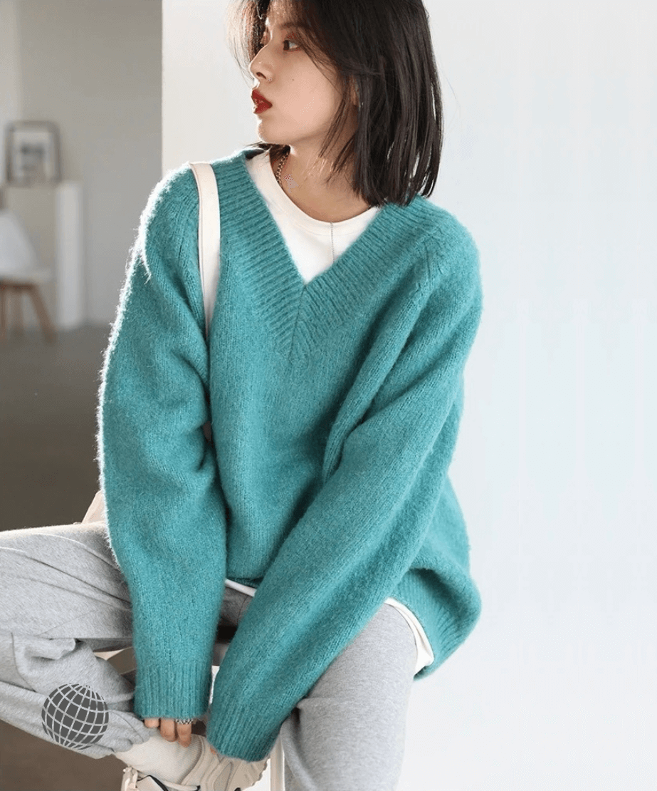 V-neck Knit Sweater  Women's Knitted Solid V Neck Casual Plus Size Female Loose Long Sleeve Pullovers Female Tops Lady Autumn Winter Sweaters for trending Woman in Blue
