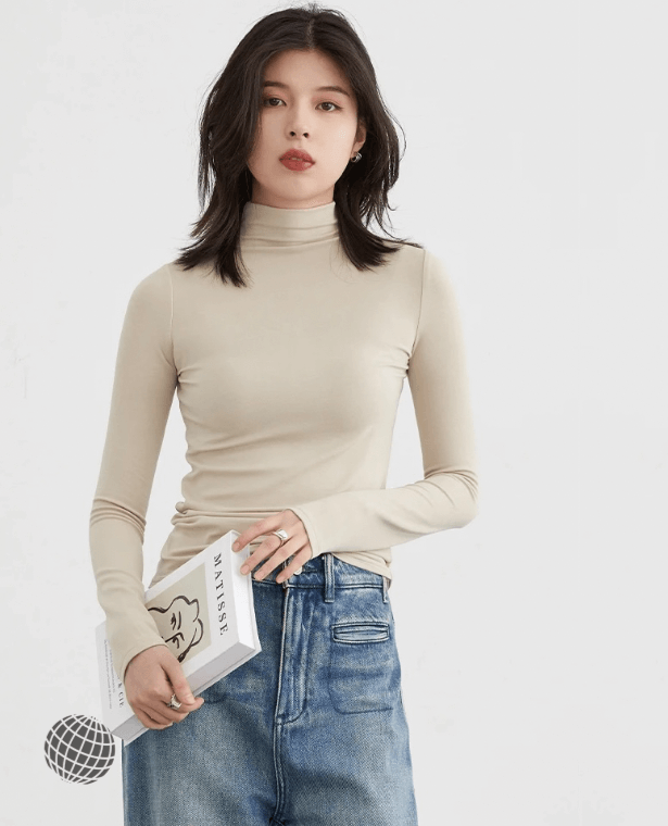 Modern Mockneck T-Shirt  Women's Multi Color Tees Base Shirt Slim Fit Female Tops Office Ladies Clothing Spring Autumn T-Shirts for trending Woman in Light Apricot beige