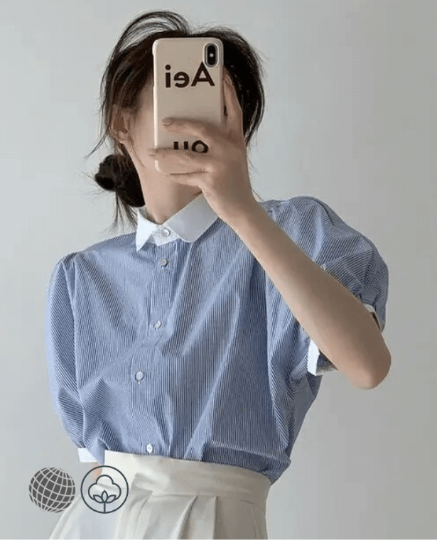 Classic Cotton Striped Shirt  Women’s Basic Vintage Summer Puff Sleeve Preppy Style Simple Loose Streetwear BF Temperament Mujer Tops Popular Womens Plus size Shirts for trending Woman in Blue