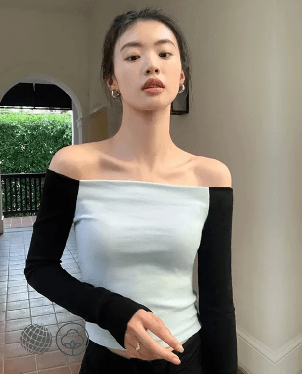 Pure Cotton Slash Neck T-Shirt  Women’s Off Shoulder Patchwork Crop womens Tops Streetwear Korean Elegant Backless Long Sleeve Slim Plus size Tees T-Shirts for Woman in blue