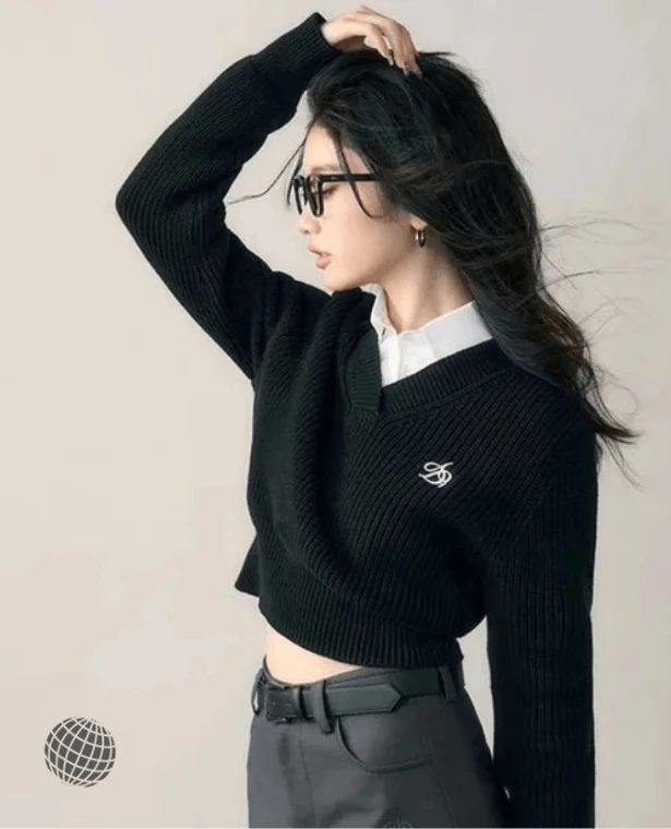 Harajuku Cropped Sweater black   Women’s Solid V-Neck Ribbed Knitted Pullovers Vintage Preppy Slim Knitwears Korean Basic Black Grey Classic Jumper Womens Tops Plus size trending workwear Sweaters for Woman
