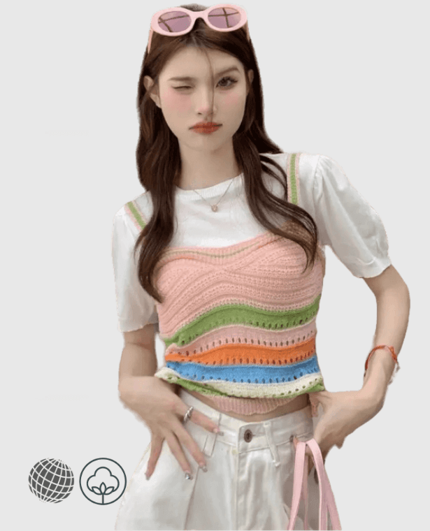 Kawaii Tank T-Shirt  Women’s Japanese Multicolor rainbow Colorful Attractive Patchwork Crochet Knit Comfortable Trendy womens Students All-match Streetwear Daily Classic Style Popular Cotton Tops Japan Tees T-Shirts for trending Woman in pink white