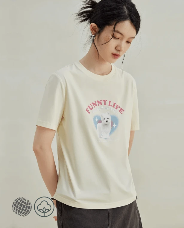 Loose Retro T-Shirt Women's Summer American Crewneck round o-neck Short Tops Womens Petite Size T-shirts FUNNY LIFE white Scotty Dog Tees for trending woman in beige