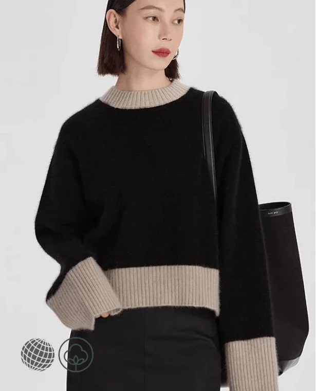 Crewneck Bottoming Rib Sweater  Women's Autumn And Winter European And American Color Matching 100% womens ribbed round o-neck Pullover Loose Long-Sleeved Sweater for trending Woman in black khaki trim