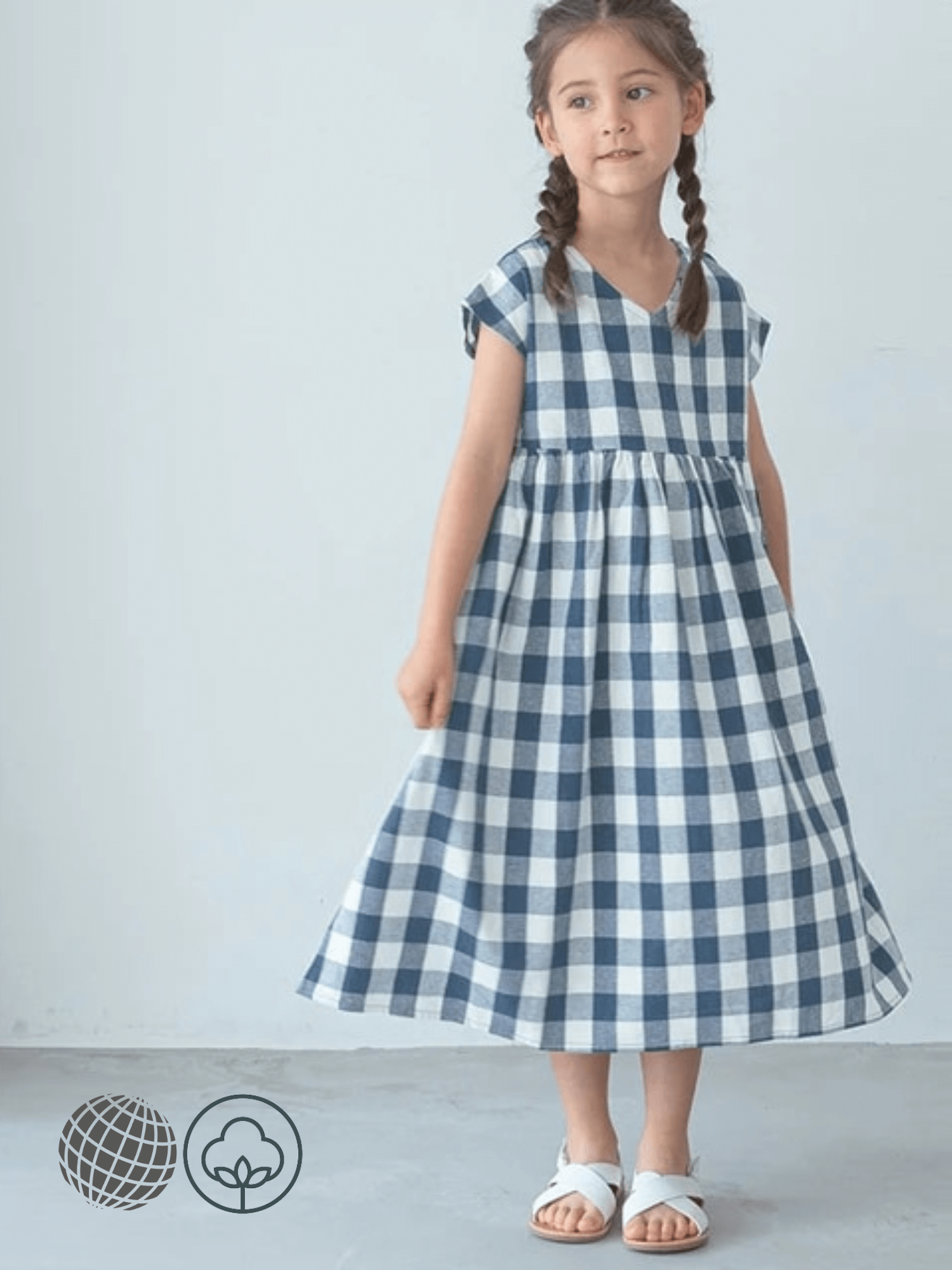 Kids Cotton Plaid V-Neck Dress blue    Girls Retro Summer Children's Casual Loose Japanese Short-Sleeved Japan Linen Dresses for trending Girl in white