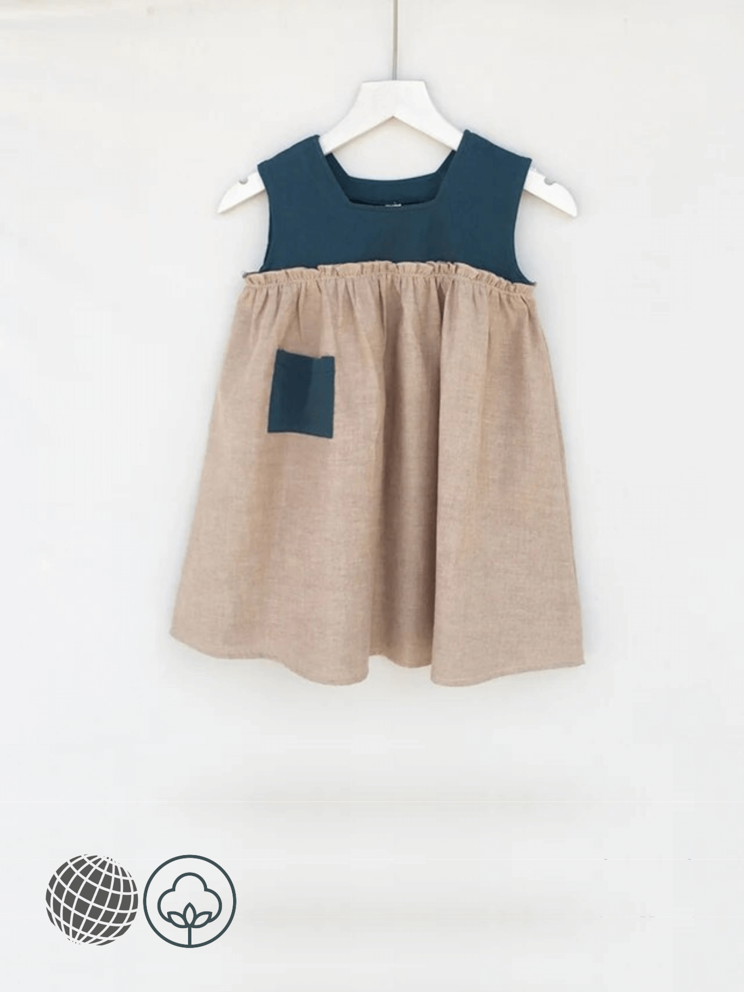 Kids Retro Patchwork Dress    Toddler Girl Summer Casual Loose fit Pocket Sleeveless Princess Children's Clothing Dresses for trending Girls in Khaki brown with teal blue