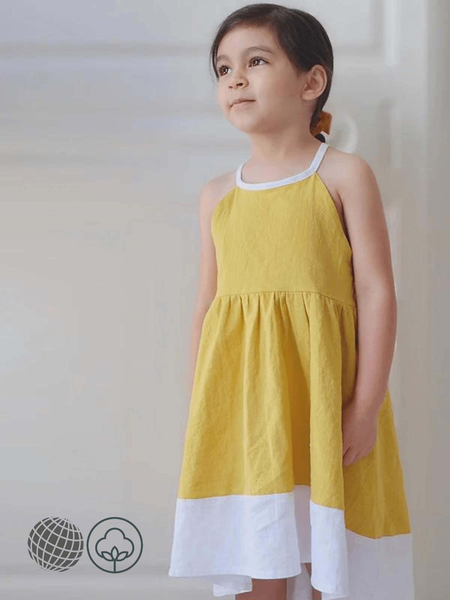 Kids Sleeveless Stitch Dress in Cotton-Linen    Girls Cotton And Linen Spaghetti Strap Stitching Summer Casual Loose fit A-line Knee-length Holiday Vacation Getaway Beach Children's Long 
Mid-Calf Linen Dresses for Girl in trending Yellow white trim