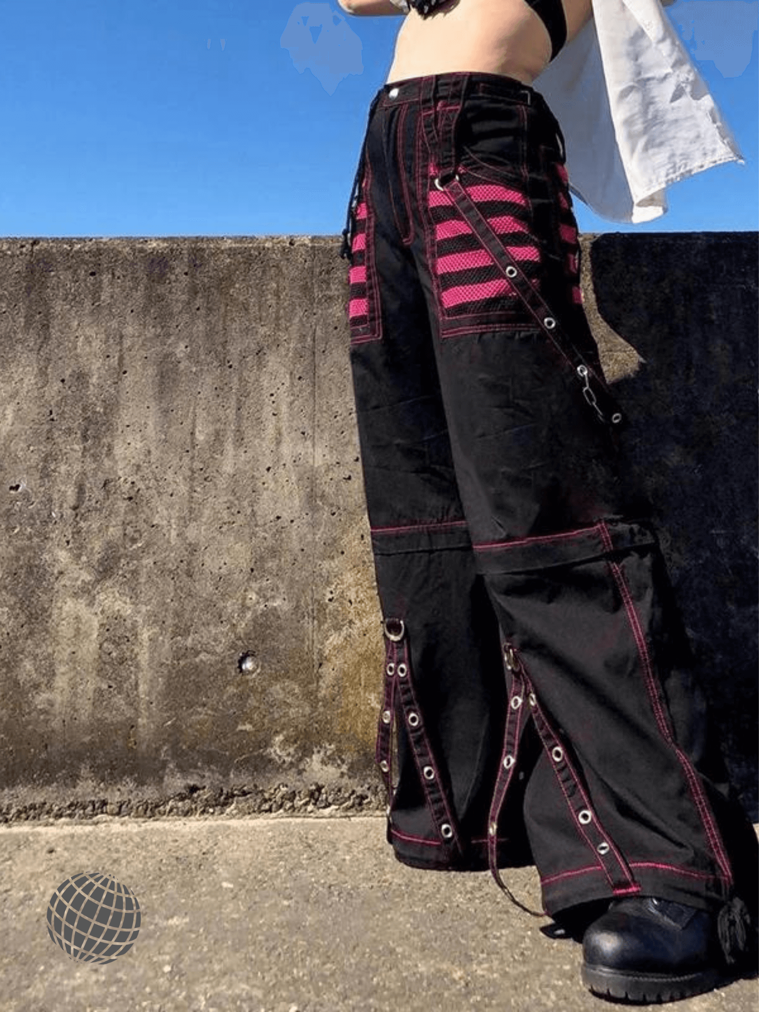 High Rise Wide Leg Pants  Women’s Gothic Punk Style Oversized High-Waist Y2k Aesthetic womens Cargo-Pants Harajuku Streetwear Punkrock Trousers for trending Woman in black with red accent