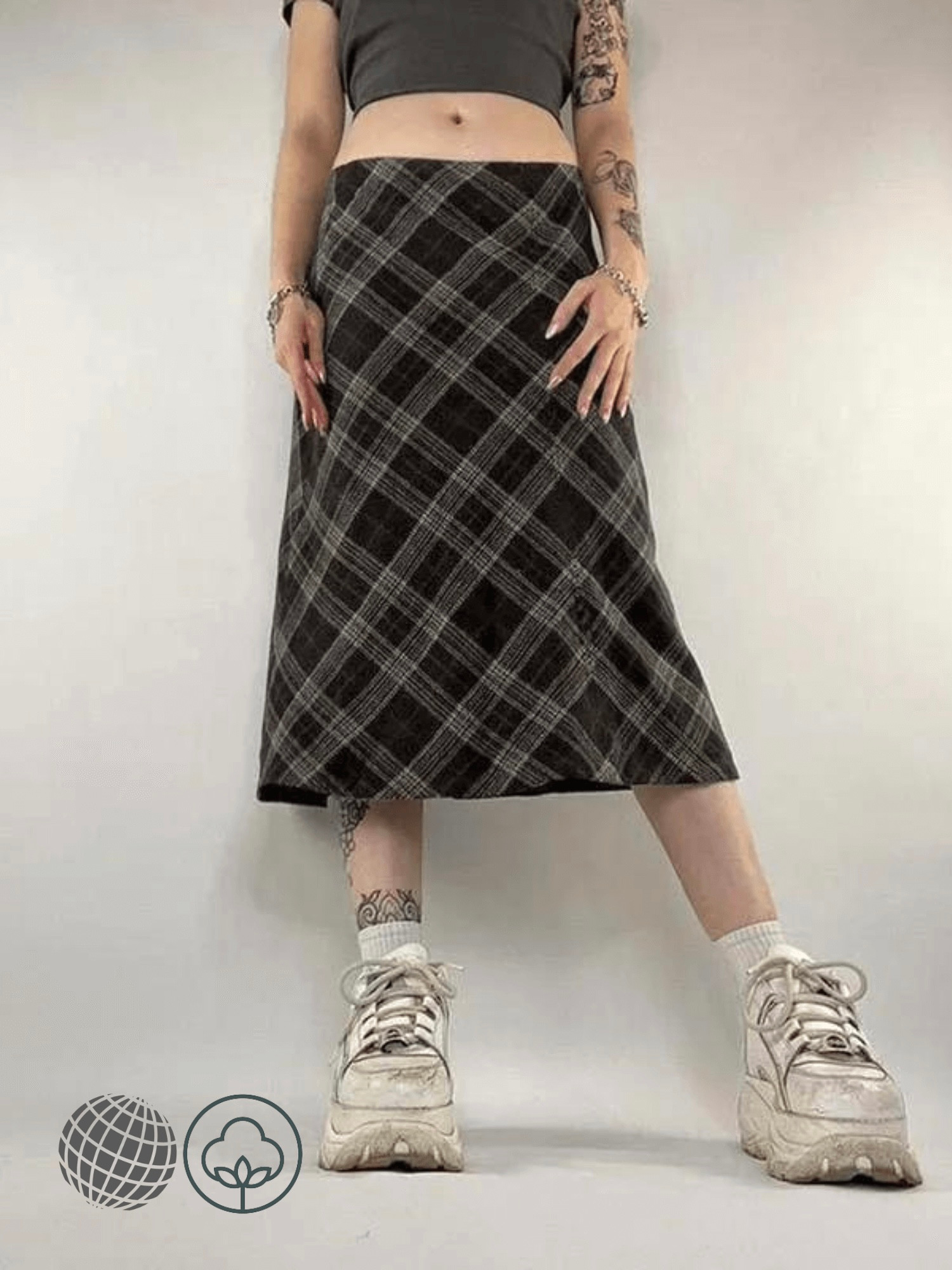 Low Rise Plaid Midi Skirt   Women's Vintage Indie Grunge Print Long y2k Loose fit Autumn Fashion Clothes Casual Harajuku Workwear Skirts for trending woman in auburn brown