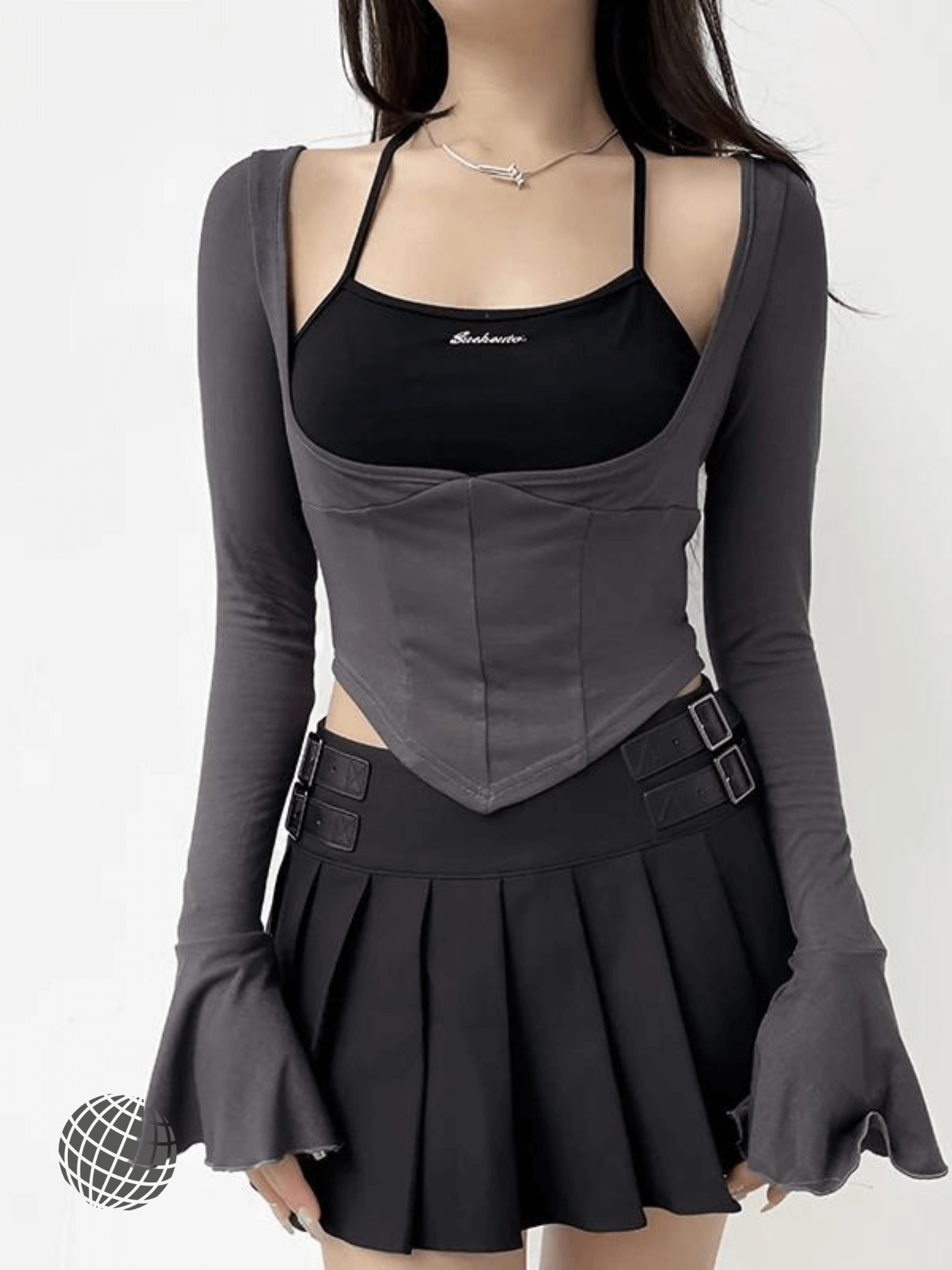 Bodycon Top 2-Piece gray  Women’s Patchwork Scoopneck T-Shirt Korean Fashion Chic Bandage Stitched Fake Two-piece womens Crop-top Autumn Harajuku y2k Women Clothes T-Shirts Tops for trending Woman in gray black
