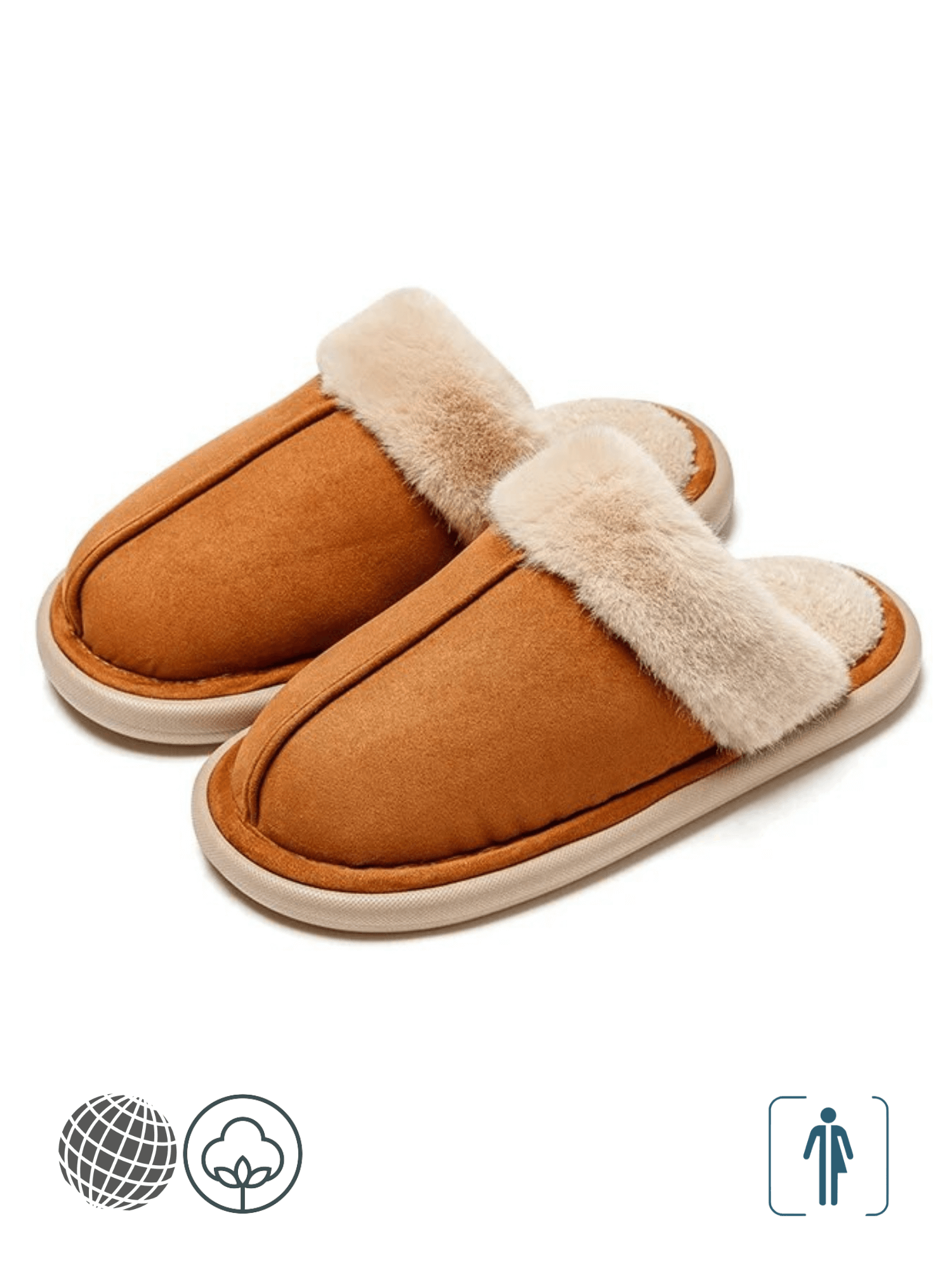 Vegan Fur Suede Slippers   Genderful Anywear Unisex Women’s Men’s Winter Soft Sole Cozy Plush Slides Warm faux Furry Slides Home Indoor Cotton mens womens Footwear for man woman in trending tan brown