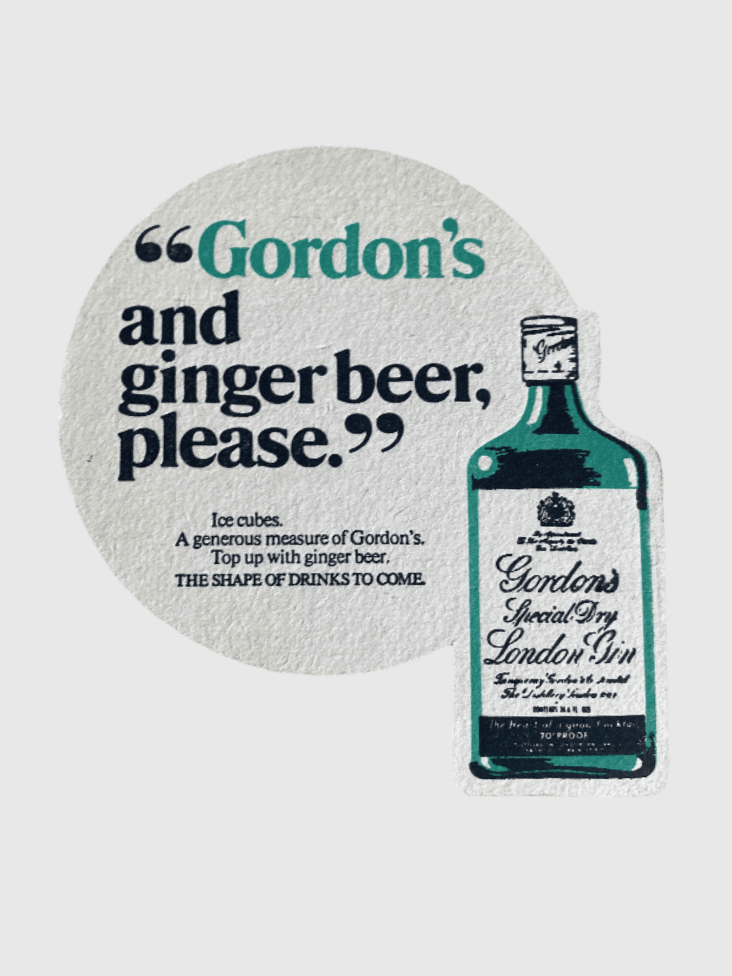 Gordon’s Gin Drinks Coaster   London Special Dry Table Drinkware accessory Vintage The Shape of Drinks to Come Beer Mat Drinkware Paper cardboard Coasters Collection Barware beermat accessories mats  British Pub UK Nightclub Club Restaurants Bar Collectors United Kingdom England U.K. Classic Expressions collectors antique
