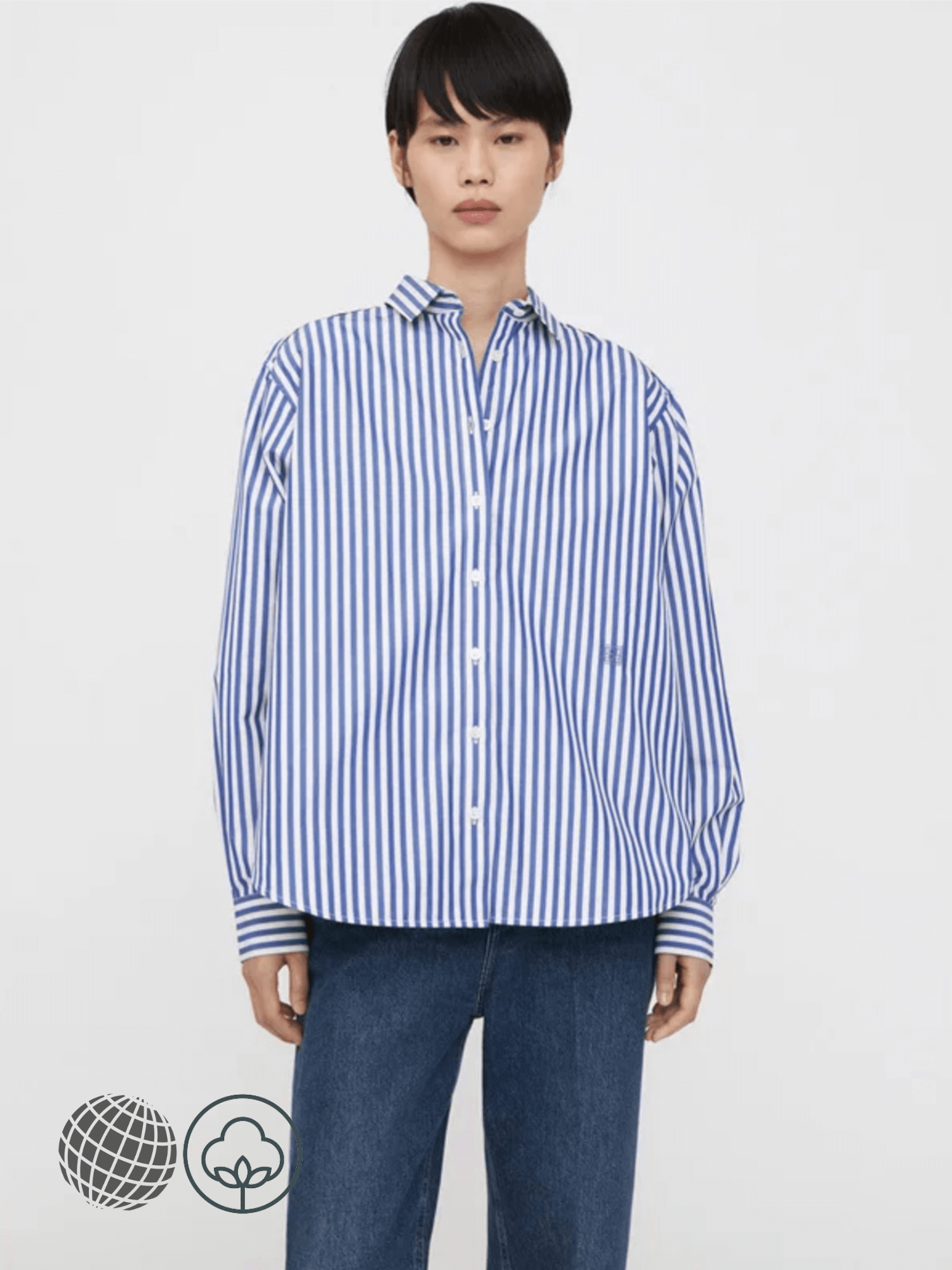 Striped Shirt blue   Women's Spring summer Casual Commuting Workwear Loose Turn-down point Collar Long Sleeves womens petite size cotton A-line Shirts for trending Woman