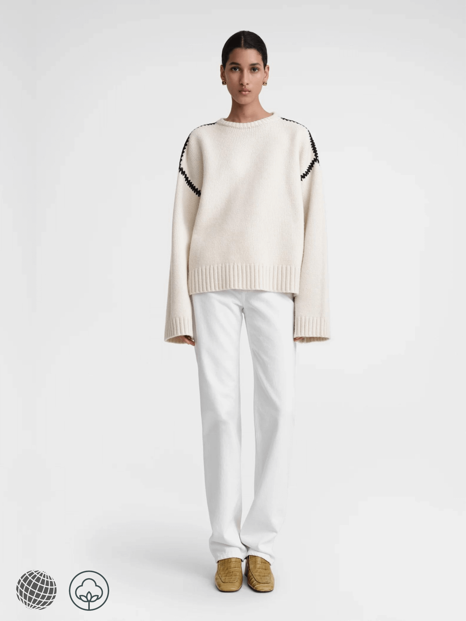 Embroidered Wool Cashmere Knit snow Women's Woolen Pullover Sweater Womens Spring Casual Loose Color Collision Embroidery Crewneck Round O-Neck Cotton Knitted long sleeves ribbed band hem workwear Tops Y2k Sweaters for trending woman in white with Dark Gray grey trim VC