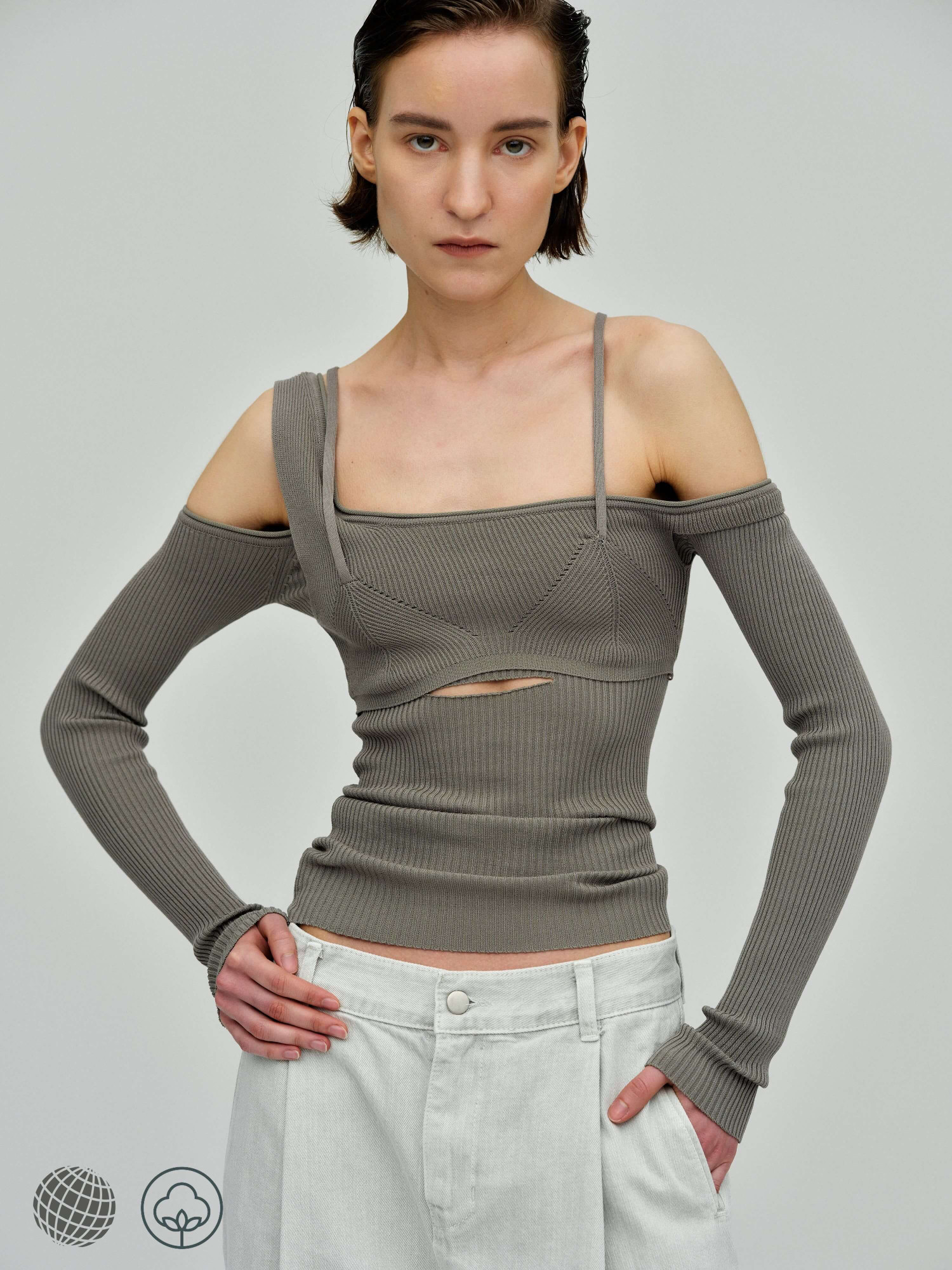 Layered Ribbed Knit Top thyme    Women's Irregular One Shoulder Strapless Tank Top, One-Shoulder womens Halter, Splicing Knitted, Slim fit, Bottoming grey Shirts, Y2K, Spring and Summer Tops for trending woman in gray-green