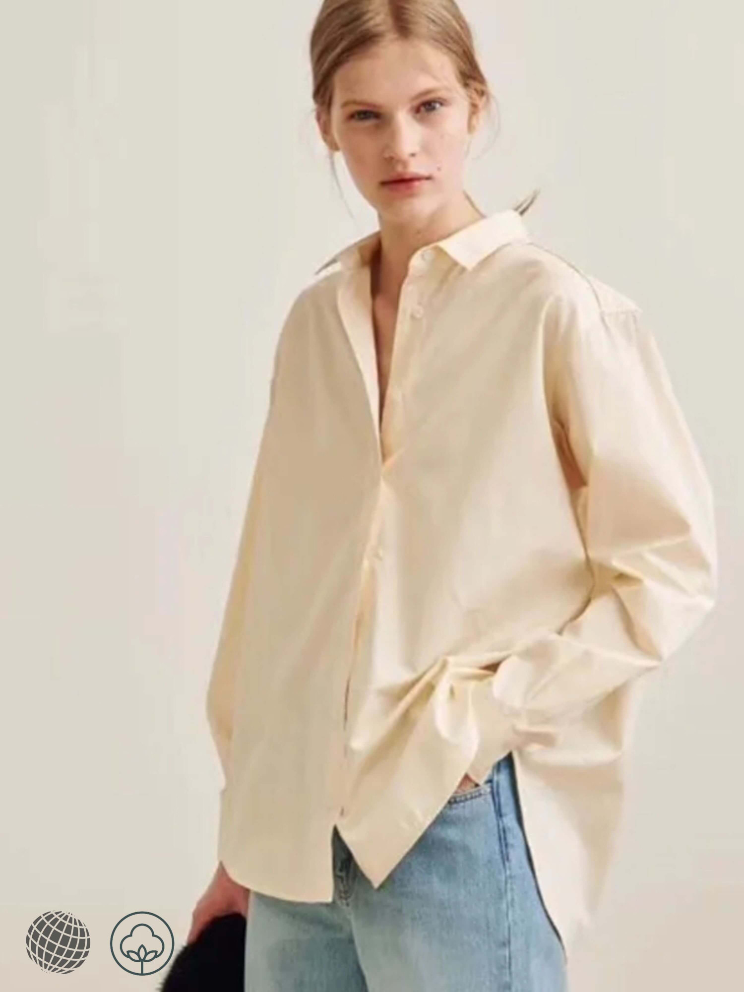 Capri Shirt   Women’s silhouette front short back long vertical Turn-down point collar womens loose long sleeve button-up single-breasted commuter workwear style petite size shirts for trending woman in beige
