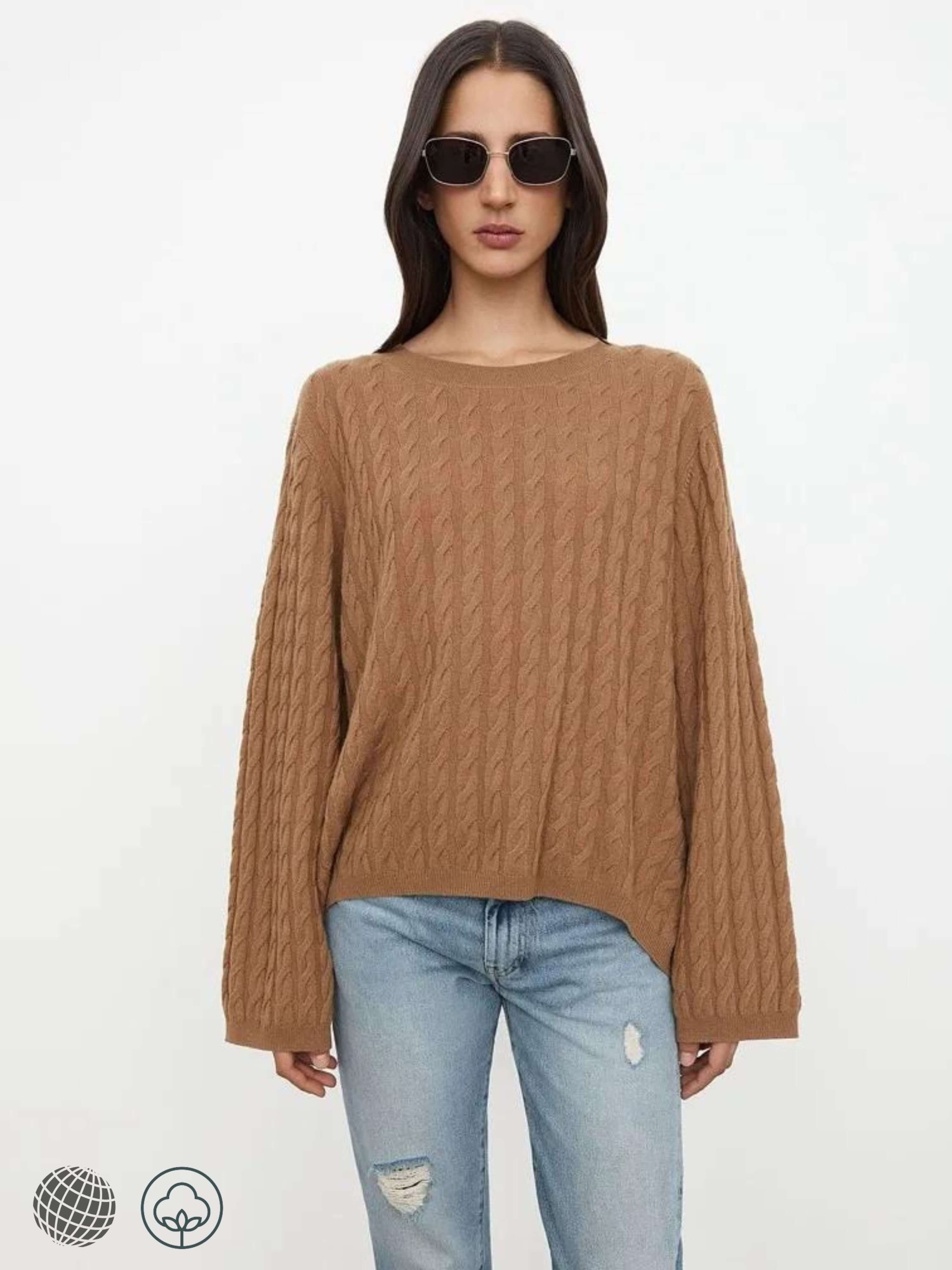 Cable Knit Cashmere Sweater auburn  Women’s round O-neck Casual Loose fit Style Longer Rear workwear womens pullovers Petite size Crewneck Sweaters for trending woman in brown Autumn Fall Winter Spring Season