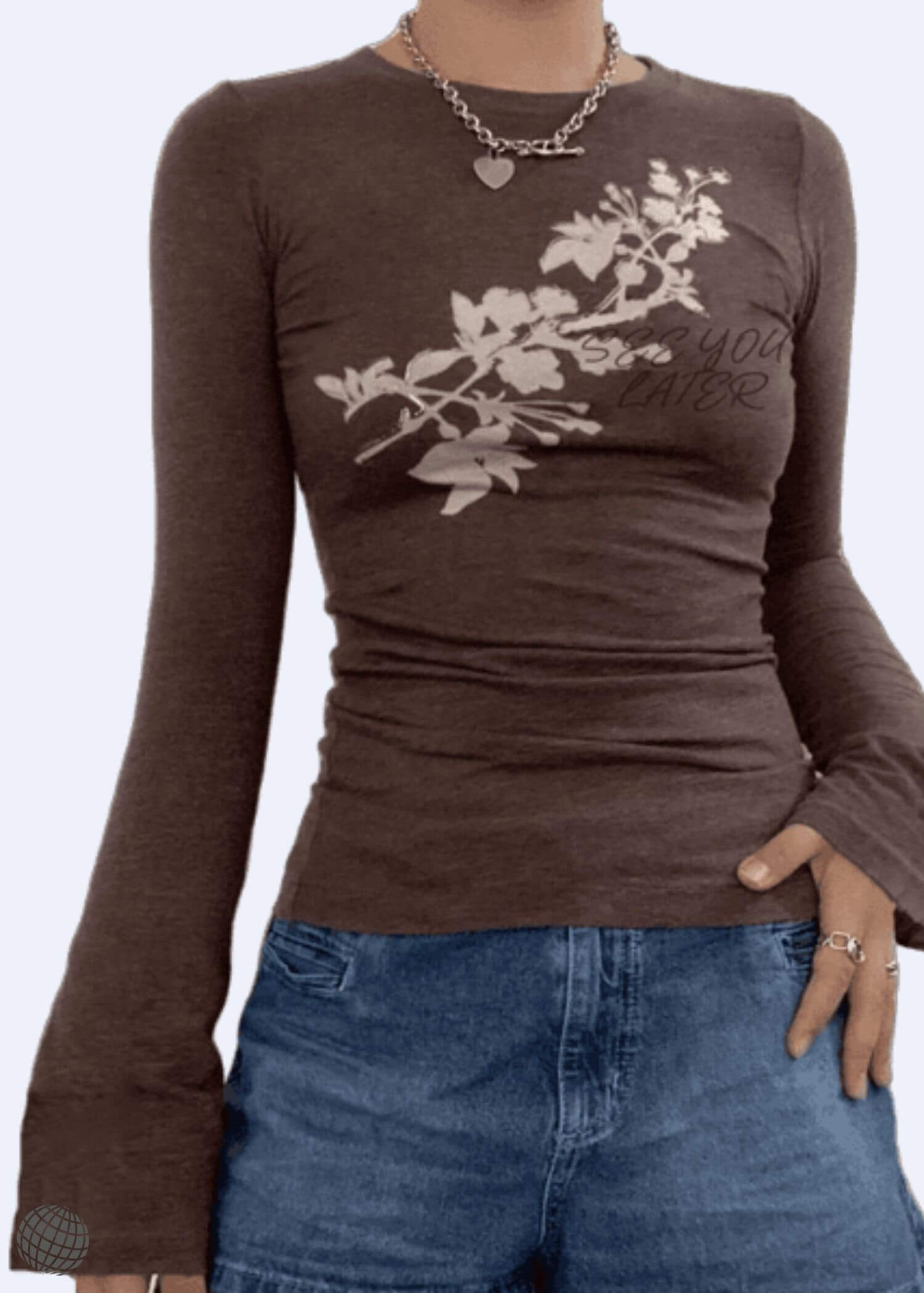 Crewneck Harajuku T-Shirt   Women’s Grunge y2k Crop Top Vintage Floral Print Slim Flared Full Long Sleeves Retro Tees T-Shirts Tops for Woman in brown 2000s Fall Autumn Spring Chic Womens trending fashion season