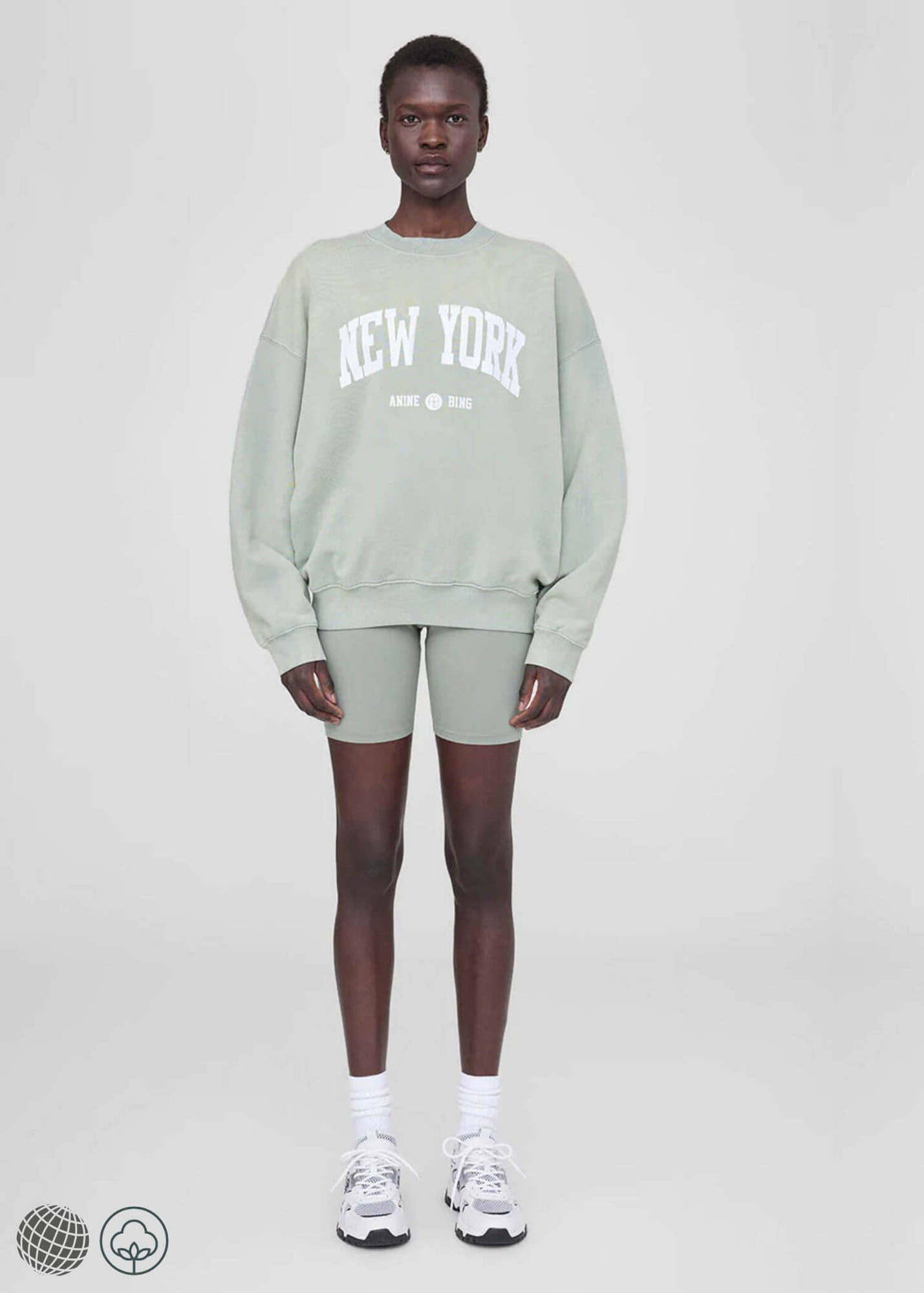 Classic Sweatshirt seafoam   miteigi Women’s NEW YORK ANNIE BING Letter Print Light Green Round Crewneck O-Neck With Cashmere cotton fitness sports long sleeves Sweatshirts Activewear NYC Sportswear for trending woman