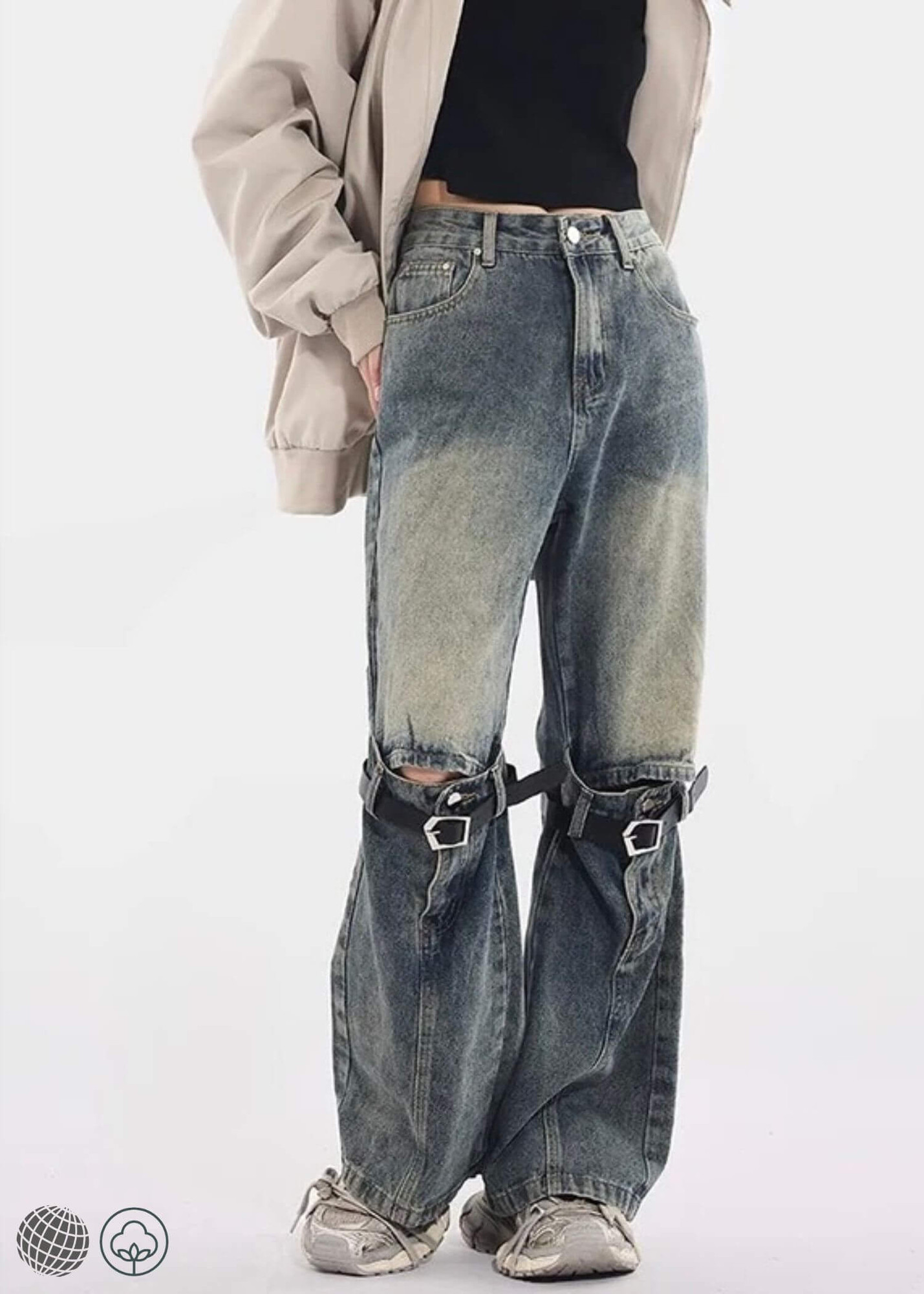 Baggy Denim Jeans   miteigi Women’s Pants High rise Waist American Hollow Out Design Y2K Worn-out Chic Wide Leg Jean Female Trousers for Woman in destroyed washed knee belted blue for woman Plus size Y2K Knee-belts Womens fashion season
