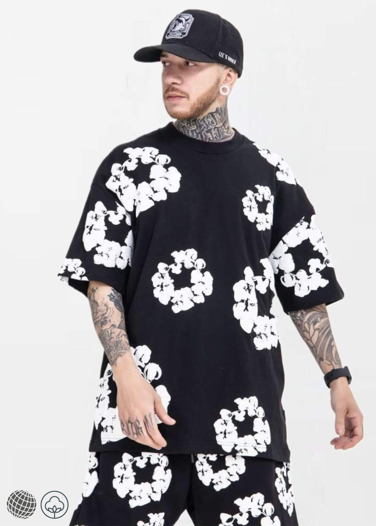 Floral Foam T Shirt black  miteigi Men’s Crewneck round o-neck short sleeves Kapok flower Printed Harajuku Oversized Top Vintage Hip Hop Tops T-Shirts for man Kanye 3D three-dimensional crew neck Streetwear mens trending Tall plus size Clothes