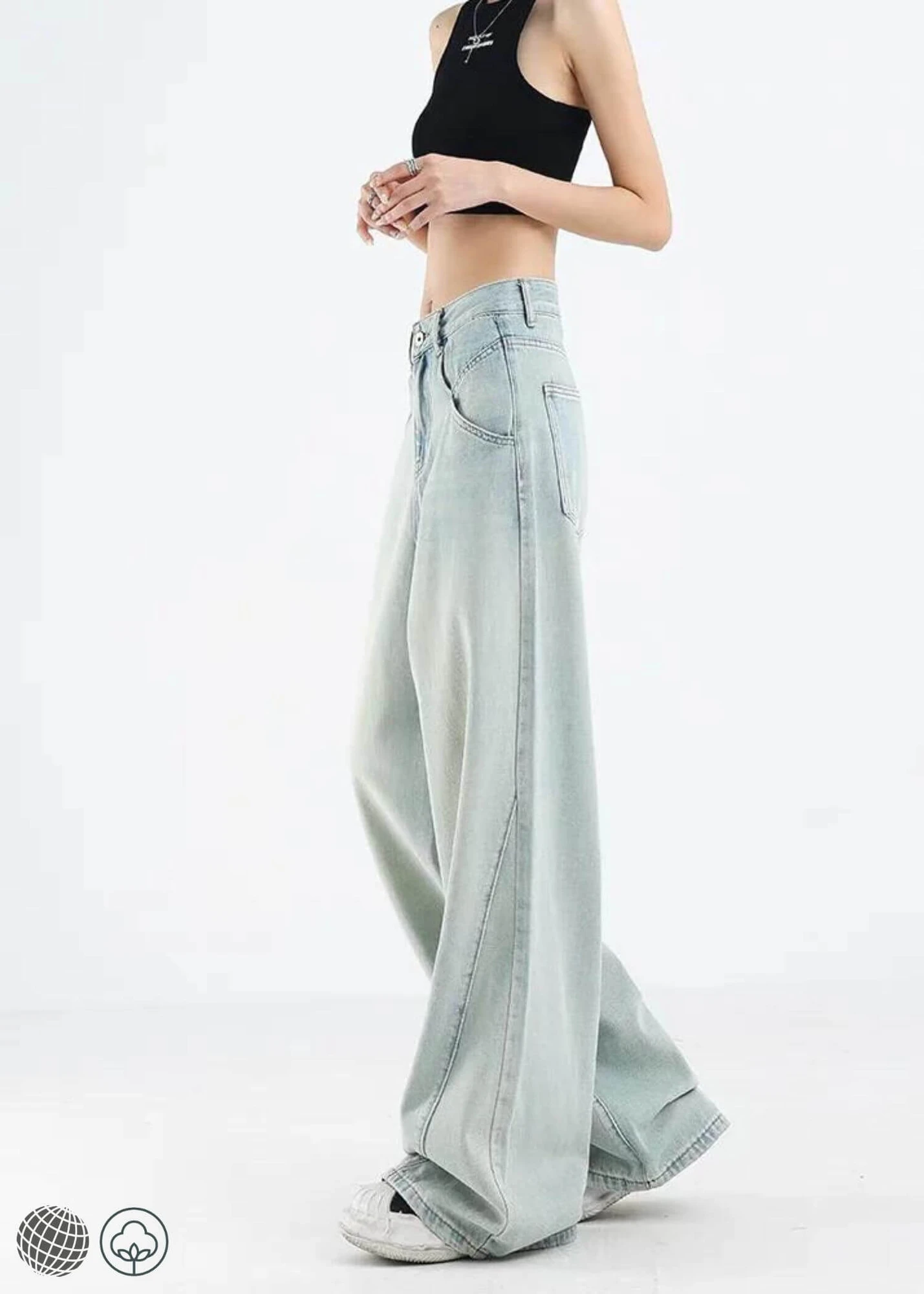 High Rise Straight Baggy Jeans  miteigi Women’s Vintage Waist Full Length Pants Wide Leg Y2K button fly Denim Trousers for woman in light blue Fashion Retro womens trending streetwear