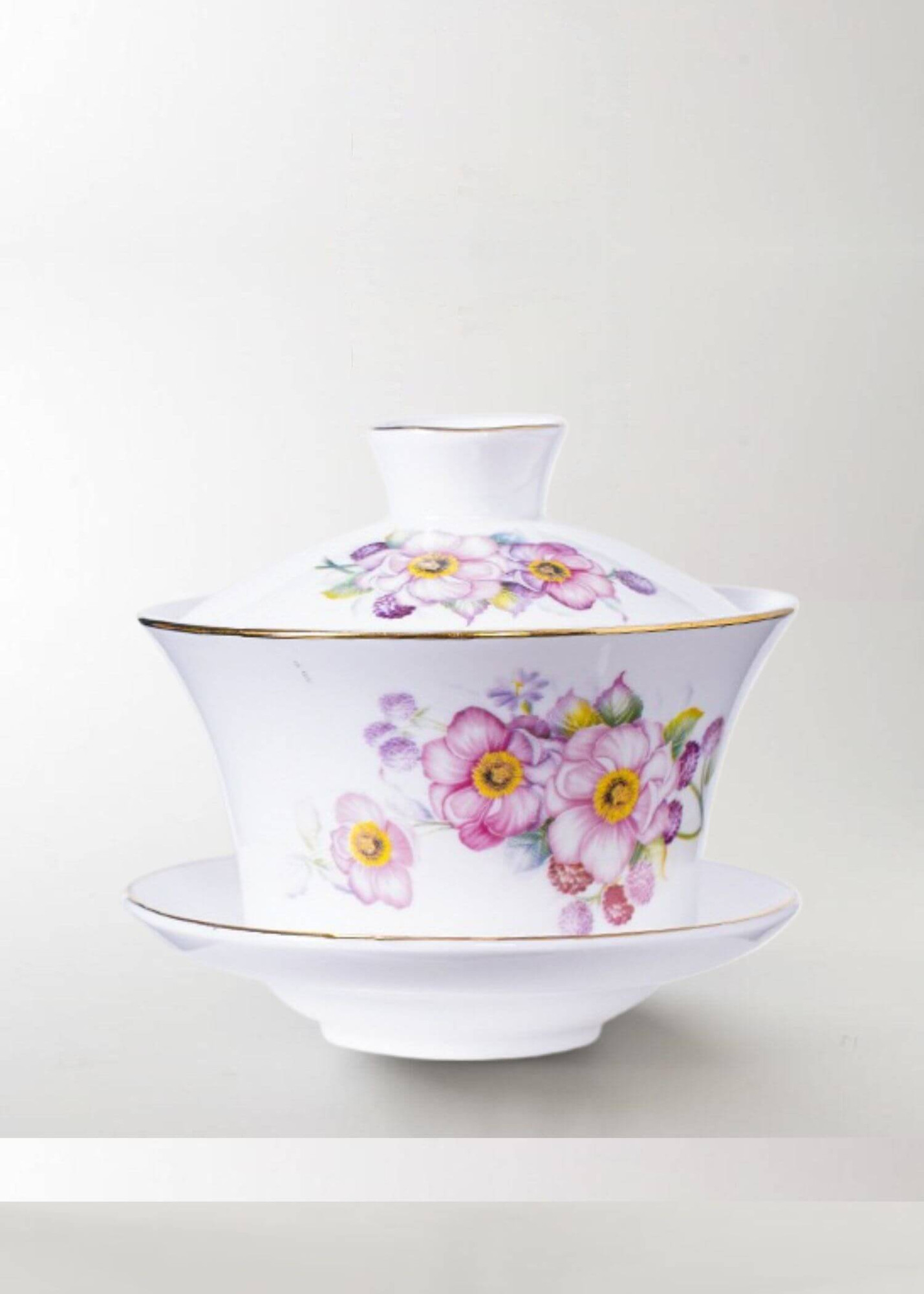 Japanese Porcelain Gaiwan Teacup narcissus   Chinese Kungfu Gai Wan Teaset Cover Bowl Teas Jingde Town  Soup Tureen Shen Puer cups sets floral Ceramic Tea Cup in white with lilac pink flowers