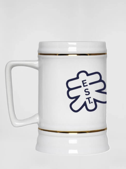 miteigi Arch Logo Beer Stein 22oz   Ceramic Cup with Handle Bar Creative Water Juice Steins Drinkware Mugs in white with golden trim miteigi logo branded in blue with black red pattern