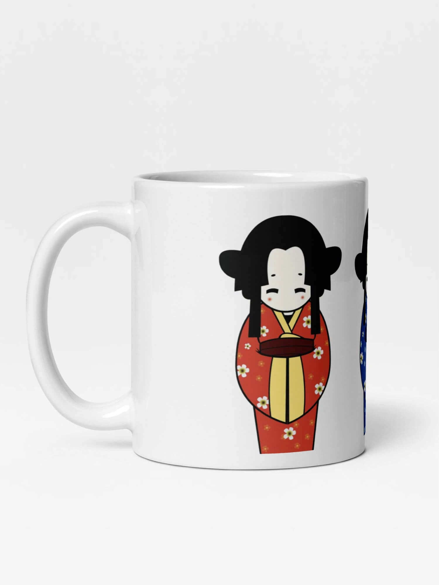 Glossy Geisha Girls Mug        Japan Cartoon traditional Geisha Kimono woman character drinks cup coffee, tea, juice, milk drinking cups miteigi branded product item tumblers ceramics in white with red blue golden pattern Ceramic Anime Gifts girl kimonos hand fan teenagers y2k generation Japanese souvenirs mugs
