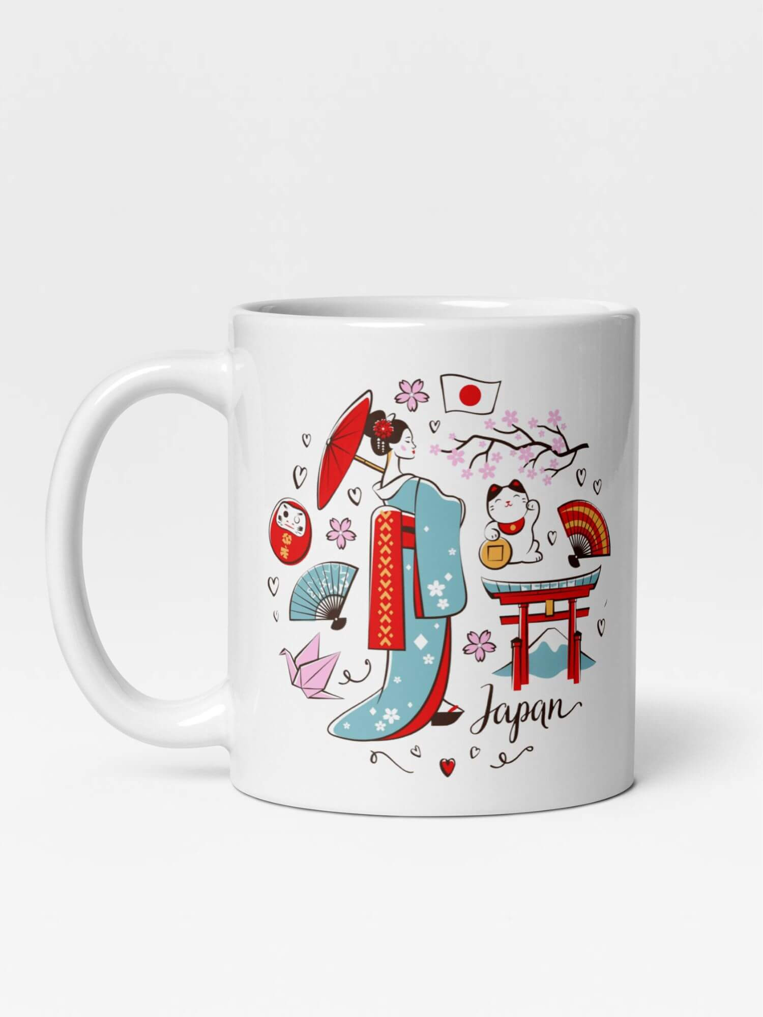 Glossy Japanese Scenes Mug    Country scene design drinks cup coffee, tea, juice, milk drinking cups miteigi-Logo branded product item tumblers ceramics cartoon geisha kimono girl umbrella lucky welcome cat hand fan origami stork bird Tori gate Sakura cherry blossom tree daruma doll love hearts pattern in white with red multicolor design collections Japan nippon JPN Nihon cities souvenirs collectors mugs