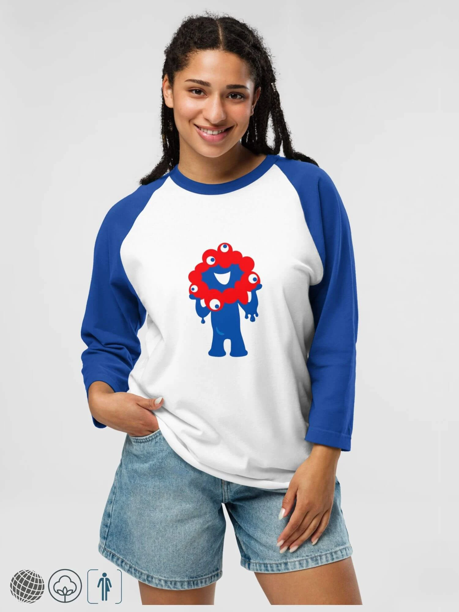 Osaka Expo 2025 T-Shirt    Genderful Women’s Men’s Japanese Unisex anywear petite, tall plus size crew neck athletic round o-neck patchwork 3/4 length sleeves Myaku-Myaku character logo raglan T-shirts for woman man in white with blue multicolor print design womens mens crewneck tees Kansai Japan tops souvenirs