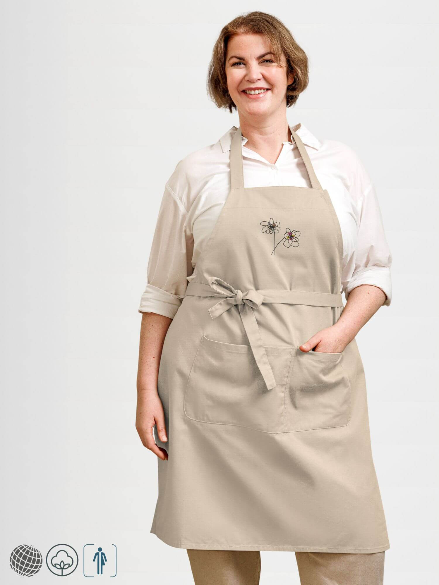 Organic Cotton Apron   Unisex anywear Men’s Women’s floral Kitchen aprons for man woman in khaki beige with multicolor flowers design Mens Womens workwear
