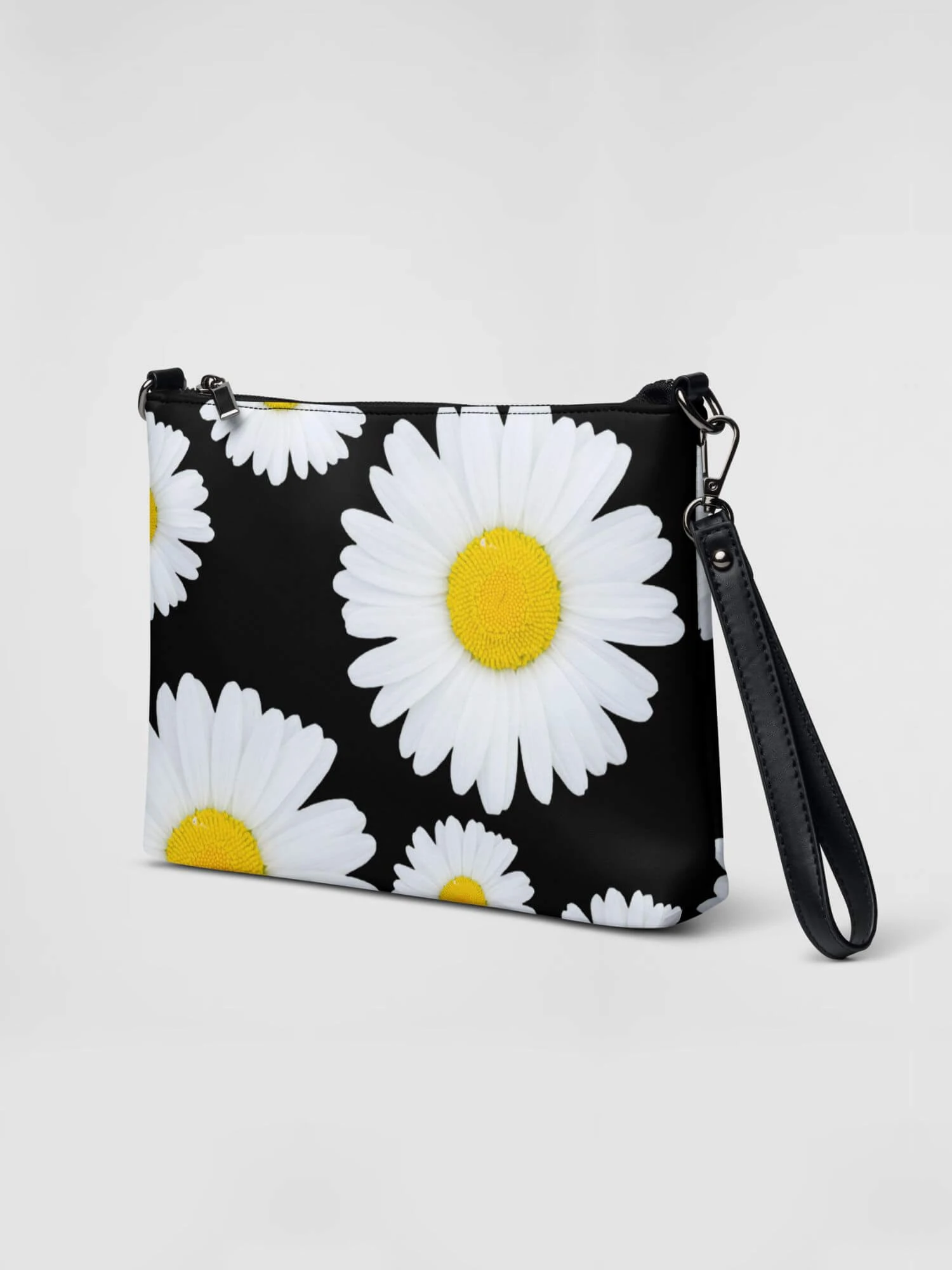 Floral Crossbody Bag    Unisex Men’s Women’s Classic Vintage PU faux vegan leather Belt miteigi Branded daisy Print Chest Bags Hip Hop Streetwear for Man Woman in black, with white yellow flowers, mens womens daisies handbags