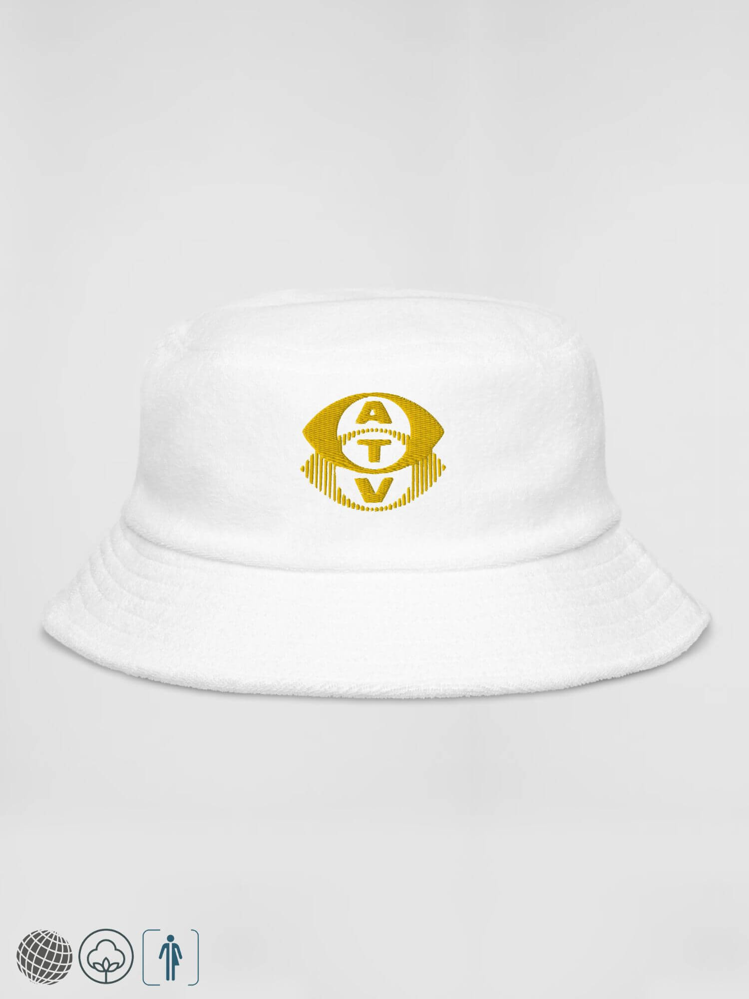 Retro TV Terry Cloth Bucket Hat   Genderful Women’s Men’s British Associated television station logo ID Unisex anywear summer festival hats for woman man in white with yellow letter design pattern Mens womens United Kingdom, UK Great Britain Headwear
