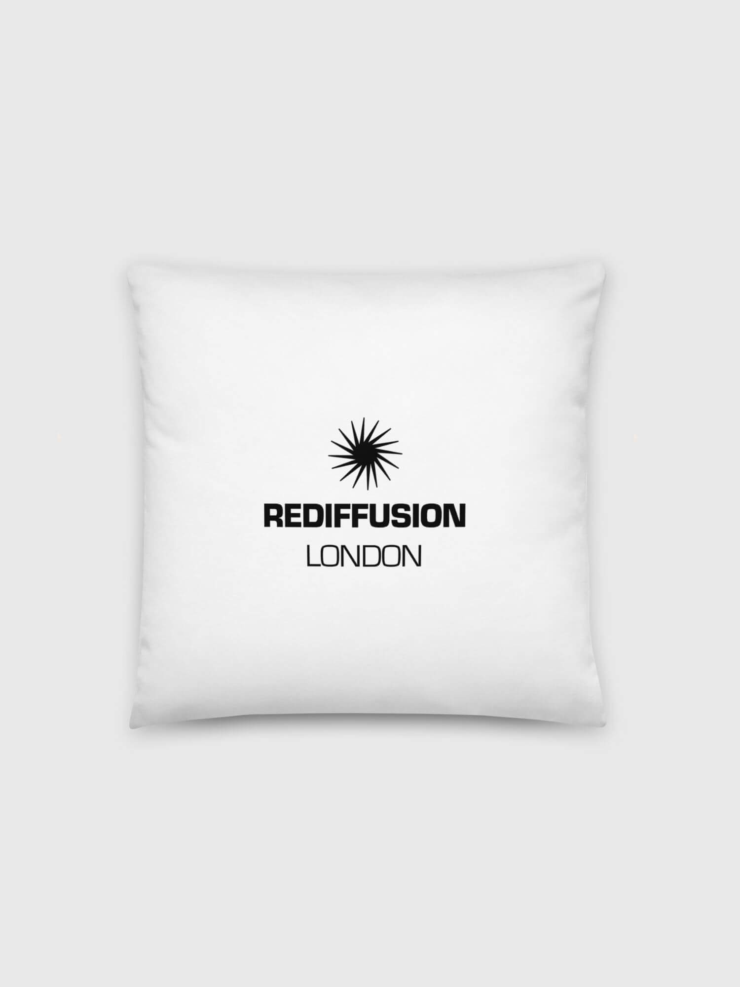 Retro Rediffusion London Pillow   Vintage classic English British tv television studio stage company logo Decorative Pillowcases in white with black ink letter design one sided Pillows case Covers England U.K. United Kingdom Great Britain T.V. Stage production companies 18″×18″